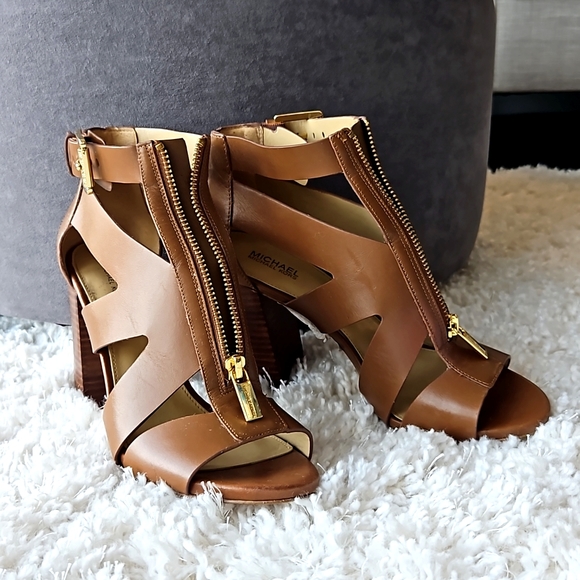Michael Kors Shoes - Michael Kors Anya Open To Luggage Tan Chunky Heels